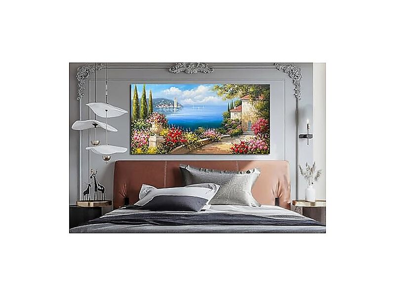Landscape Wall Art Mediterranean Seascape Tree Pink Flower Blue Ocean Modern image number 3
