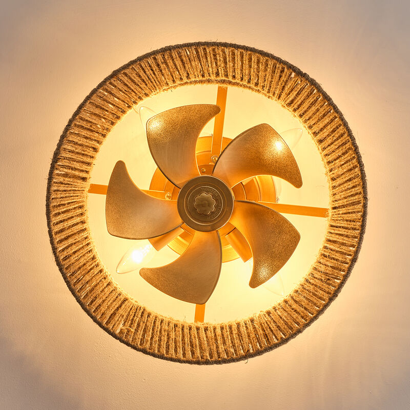 17.7" Bohemian Hemp Rope Antique Gold Caged Ceiling Fan with Light and Remote image number 6