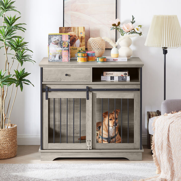 Sliding door dog crate with drawers. Grey,35.43" W x 23.62" D x 33.46" H