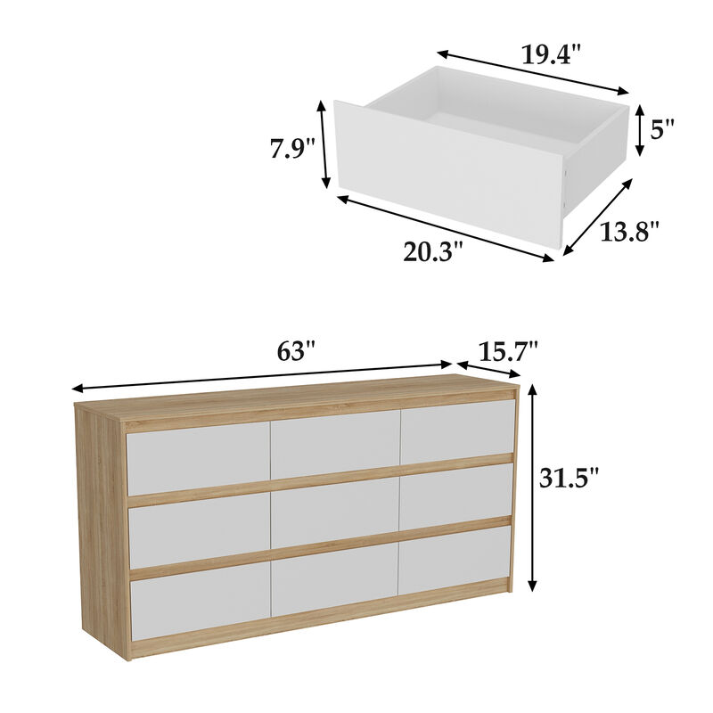 9-Drawer Natural Brown Wood Dresser Modern Style 31.5 in. H x 63 in. W x 15.7 in. D