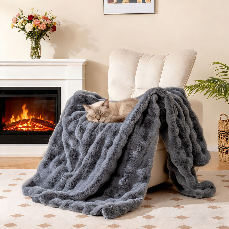 Fuzzy Plush Rabbit Fur Bubble Throw Blanket image number 5