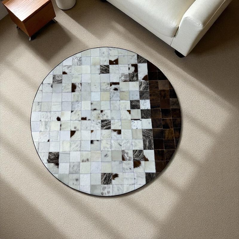 Round Cowhide Area Rug in Brown and White, Circular Patchwork Leather Carpet, Handmade Natural Hair on Hide Rug for Living Room Decor image number 5