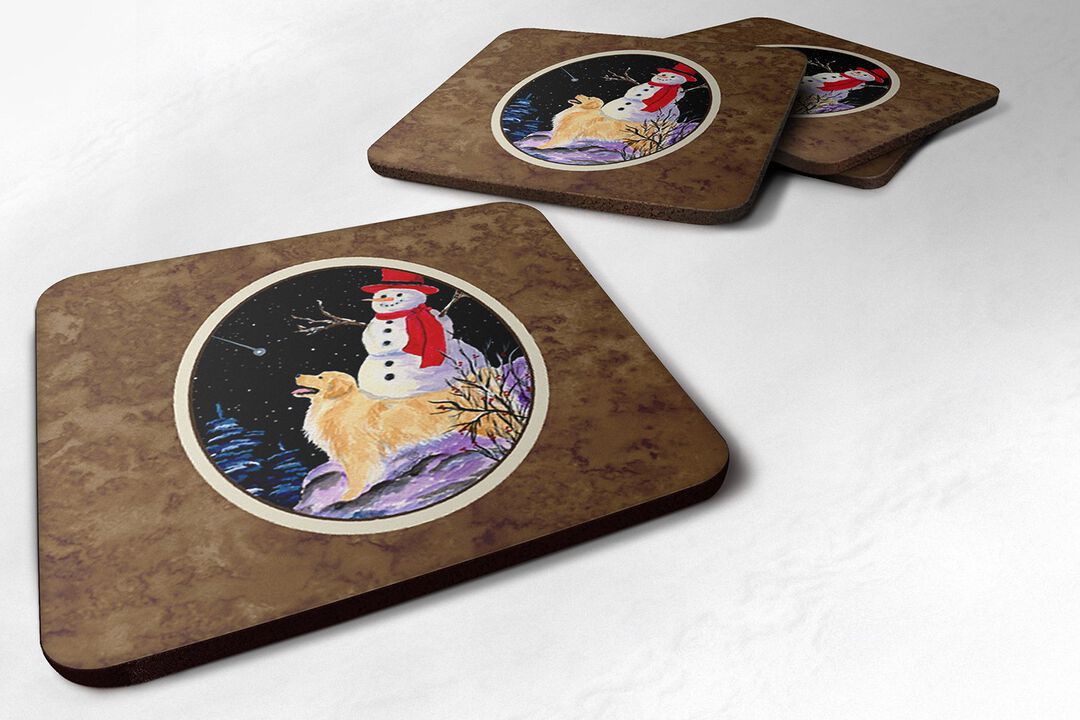 Caroline's Treasures SS8579FC Golden Retriever with Snowman in red Hat Foam Coasters (Set of 4), 3.5 H x 3.5 W, Multicolor