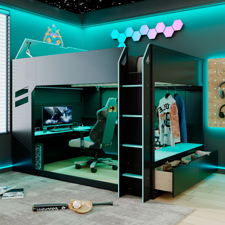 Merax Full Size Wood Loft Bed with Adjustable Desk, RGB Light, Storage Cabinet