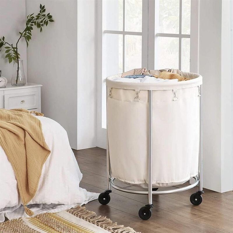Hivvago Round 45-Gallon Laundry Basket Hamper w/ Cream Fabric Bag Steel Frame on Wheels