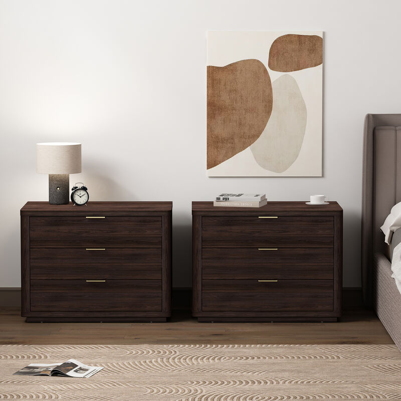 Evelyn Wide 3-Drawer Nightstands in Brown (Set of 2)