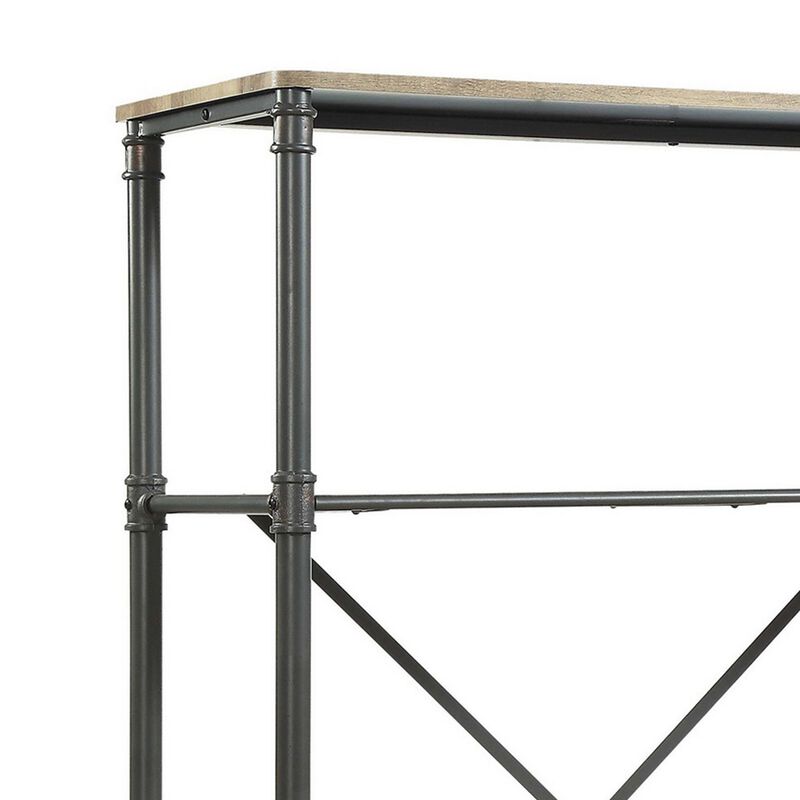 Pipe Inspired Steel Frame Bookshelf with Five Fixed Shelves, Oak Brown and Sandy Gray-Benzara image number 7