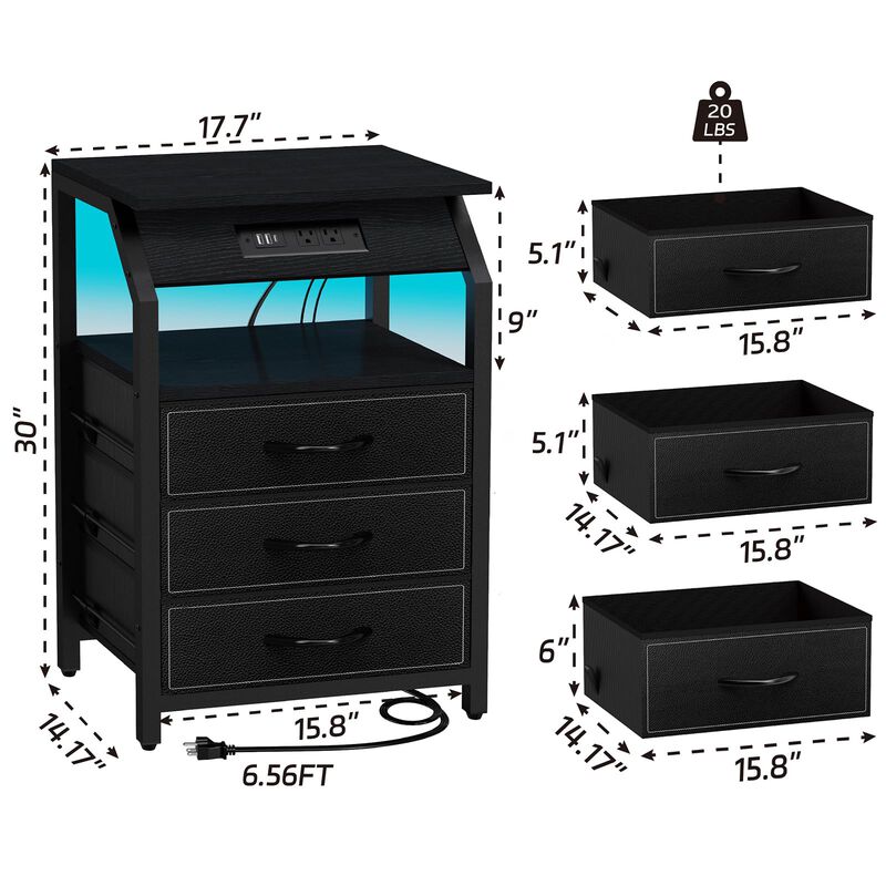 SZLHANJZ End Tables Set of 2, Nightstands with Charging Station and LED Lights, 3 Drawers Fabric Dressers, Storage Side Tables f