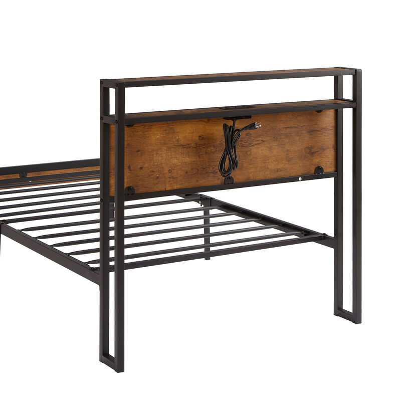 Modern Metal Bed Frame with Wood Accents