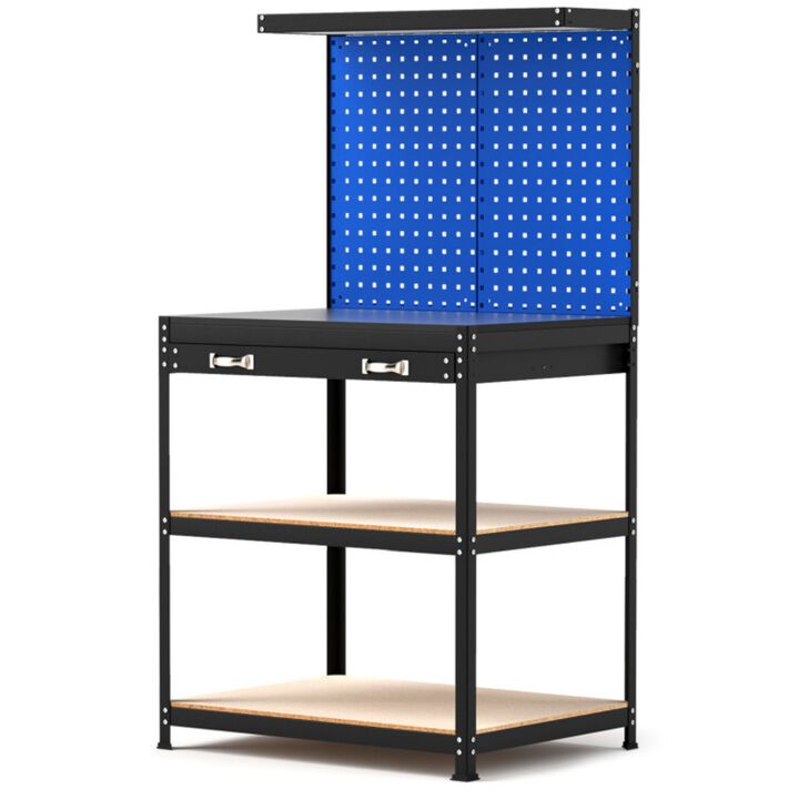 32" Heavy Duty Workbench with Pegboard, Drawer and Storage Shelves for Garage Workshop