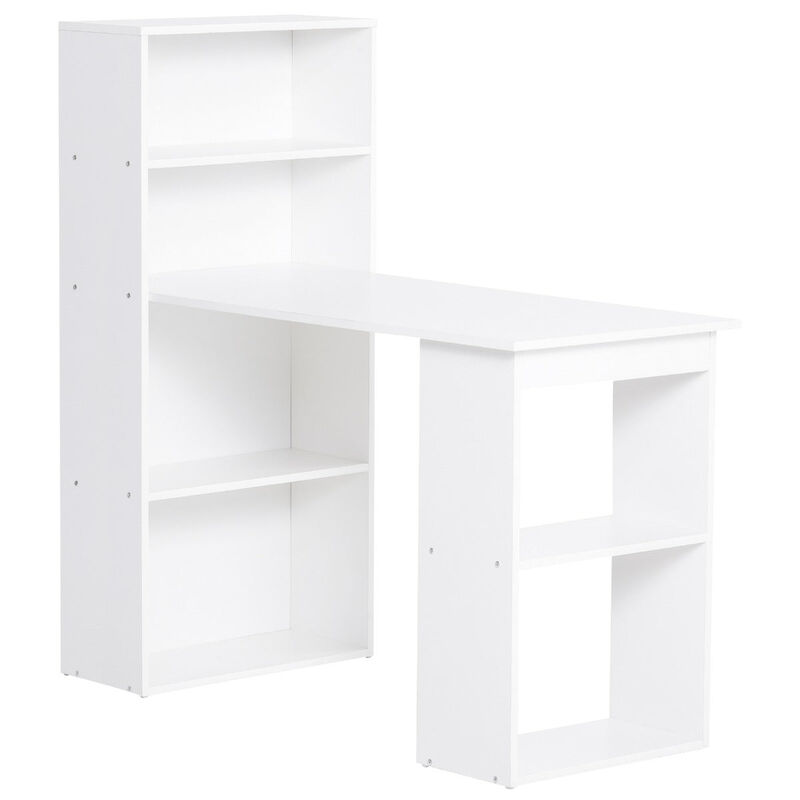 Modern Small Computer Desk with 6-Tier Storage Shelves Combo, Small Space Desk Writing Table with Bookshelf for Home Office, White