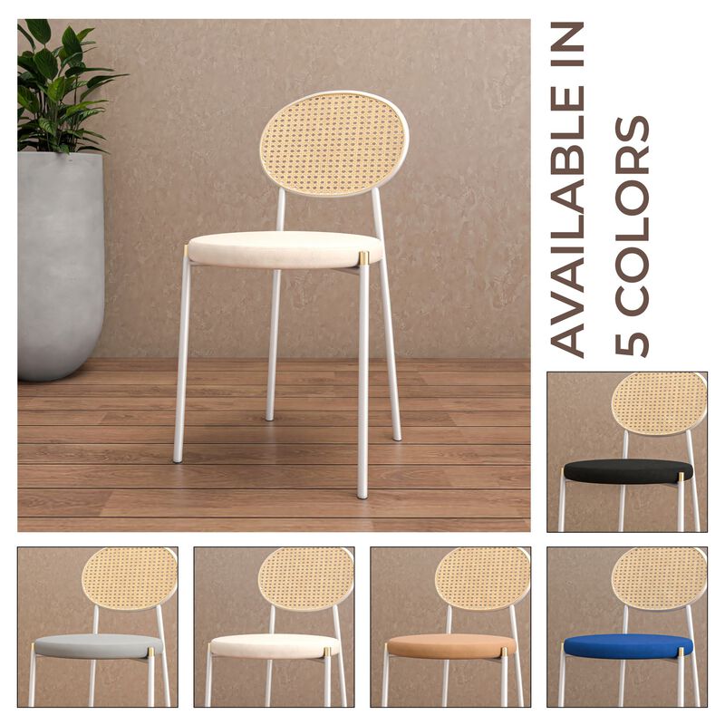 LeisureMod Velvet Dining Chair Rattan Back Side Chair Comfortable Kitchen Chair with Stainless Steel Base Euston Collection