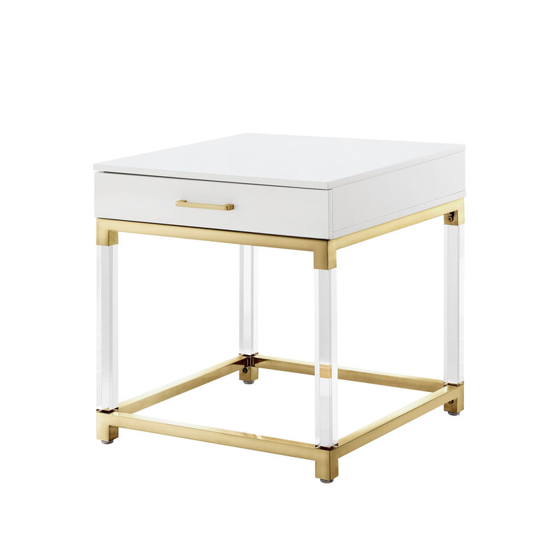 HomeRoots 24" Wood Acrylic and Stainless Steel Square End Table With Drawer image number 2