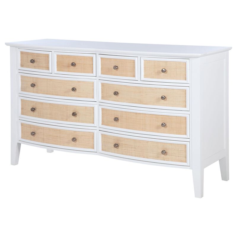 Heo Wide Dresser, 10 Drawers, Rattan Woven Curved Front, White Wood - Benzara