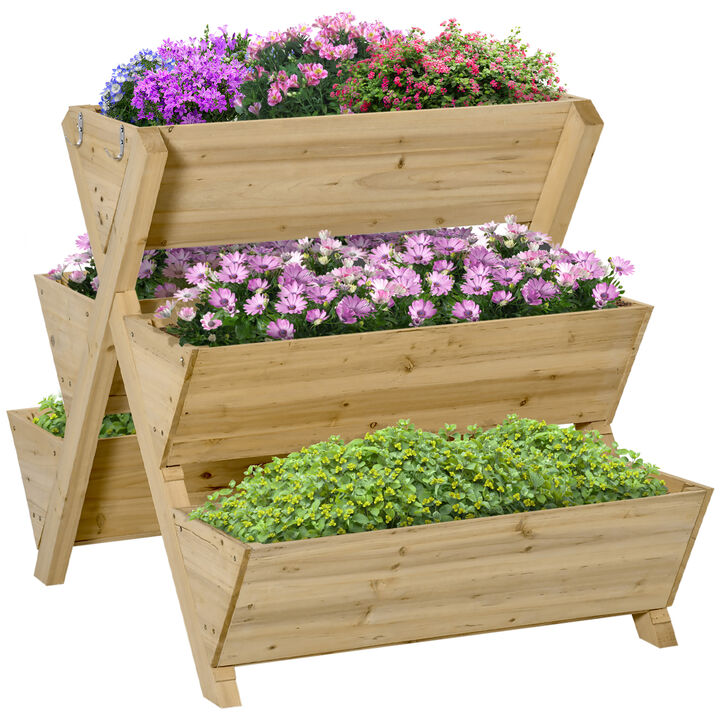 Outsunny 3-Tiers Vertical Raised Garden Bed, Wooden Planter Stand with 5 Elevated Planter Boxes and 4 Hooks, for Herbs, Flowers, or Vegetables in Patio Balcony Indoor Outdoor
