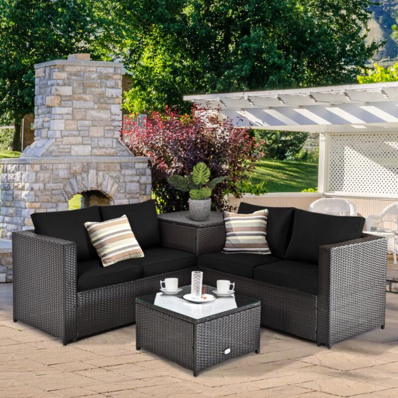 Hivvago 4 Pieces Outdoor Patio Rattan Furniture Set with Loveseat and Storage Box
