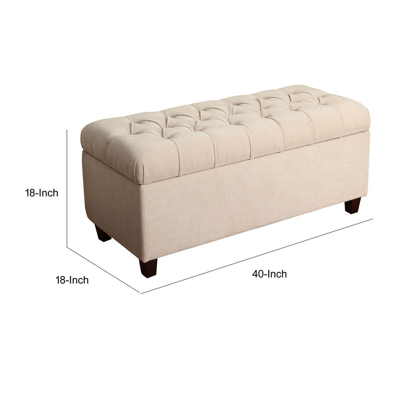 Fabric Upholstered Button Tufted Wooden Bench With Hinged Storage, Cream and Brown - Benzara