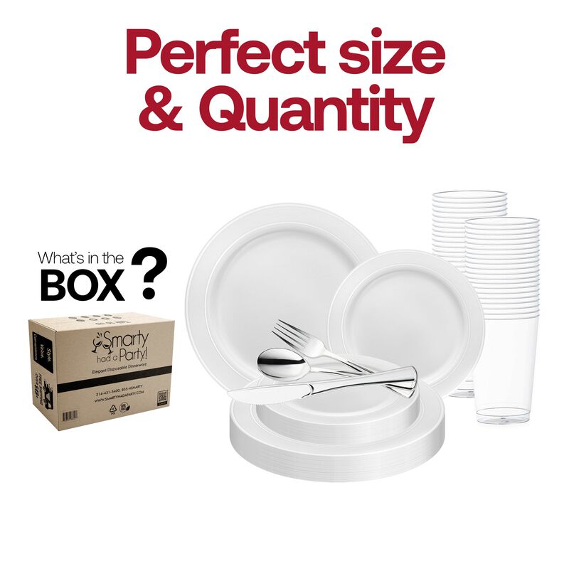 White with Silver Edge Rim Plastic Wedding Value Set (30 Sets) image number 2