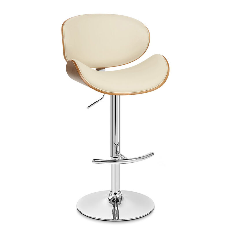 Naples Cream Faux Leather Adjustable Height Swivel Walnut Wood and Chrome Base Stool