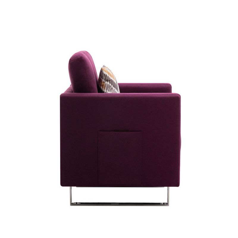 Lewa 34 inch Modern Accent Armchair, Silver Metal Legs, Tufted Seat, Purple-Benzara