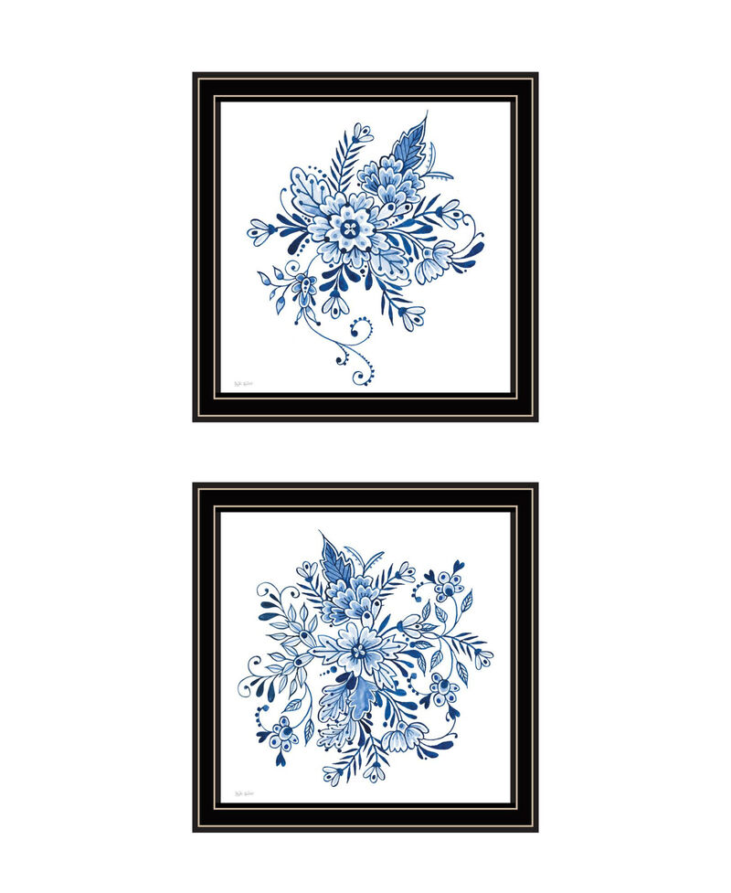 HomeRoots Set Of Two Blue And White Delph Floral Black Framed Wall Art image number 2