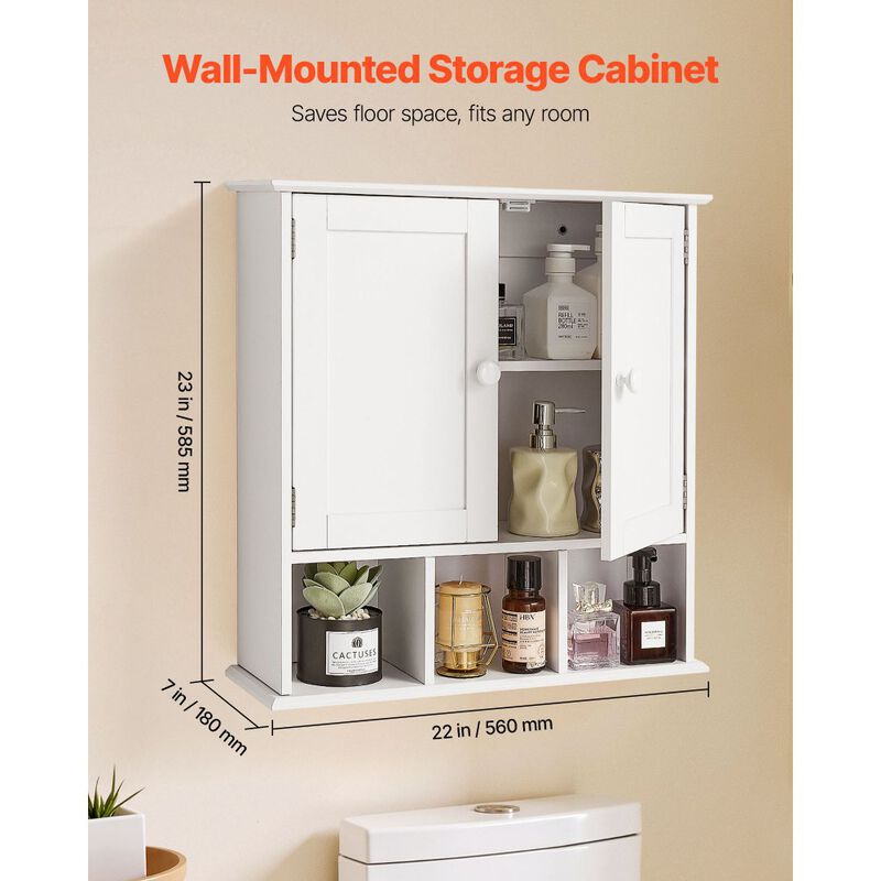 Wall Mounted Bathroom Cabinet with Mirrored Doors, Adjustable Shelf and Open Storage-White image number 2