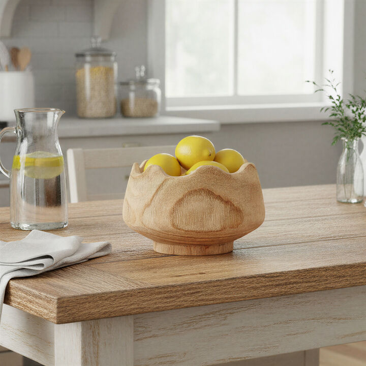 Scalloped Edge Paulownia Wood Decorative Bowl, Natural Finish