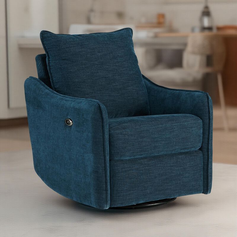 Bradley Swivel Power Recliner Chair, Dark Blue Polyester, Pillow Back - Benzara