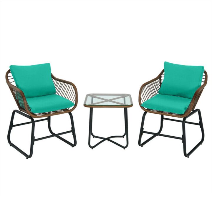 3 Pieces Patio Rattan Bistro Set Cushioned Chair Glass Table Deck