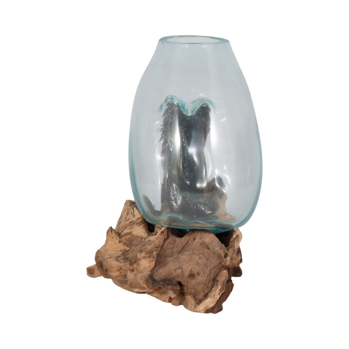 Glass 14"h Vase In Wood Stand, Brown