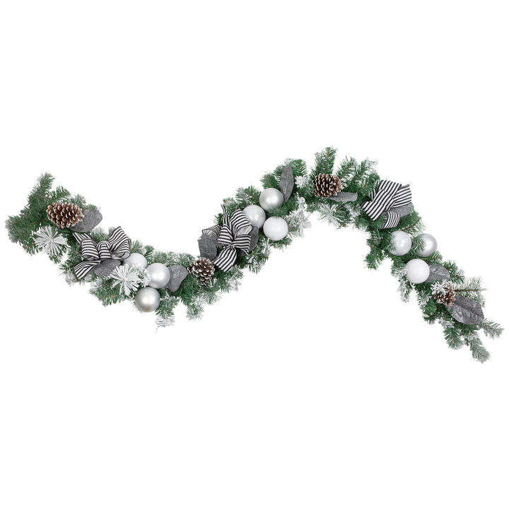 6' Frosted Pine Artificial Christmas Garland with Striped Bows and Ornaments