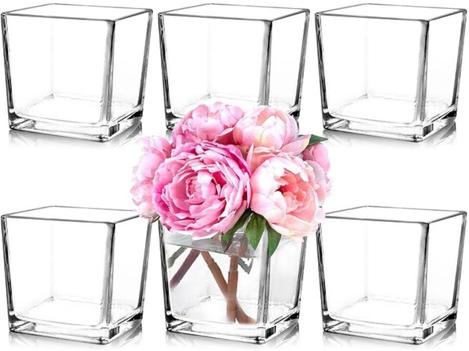 Set of 6 Clear Square Glass Vases &ndash; 5"x5" Wedding Centerpieces & Candle Holders