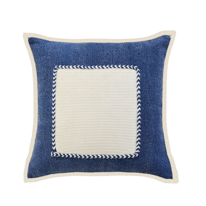 20" Navy Blue and White Braided Frame Square Throw Pillow