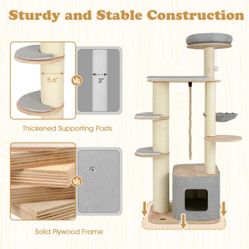 Hivvago 63 Inch Tall Cat Tree Modern Wooden Cat Tower with Perch Condo Hammock