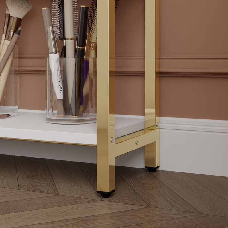 FUFU&GAGA Nail Station with Gold Handles Tempered Glass Top Integrated Vacuum and LED Shelves 47.2''L x 29.5''W x 49.8''H White