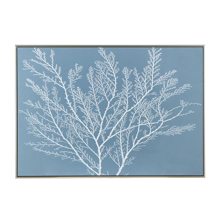28 x 39  Hanging Wall Art Decor, Rectangular White Tree Design, Blue Canvas - Benzara