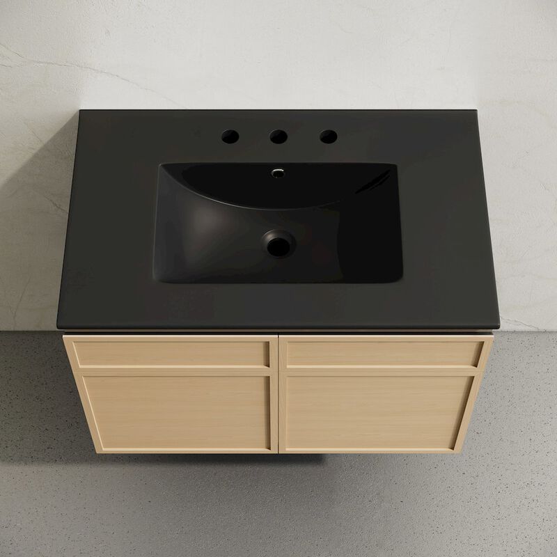 30" Wall-Mounted Bathroom Vanity, Natural Oak, Black 3-Hole Widespread Sink Top image number 2