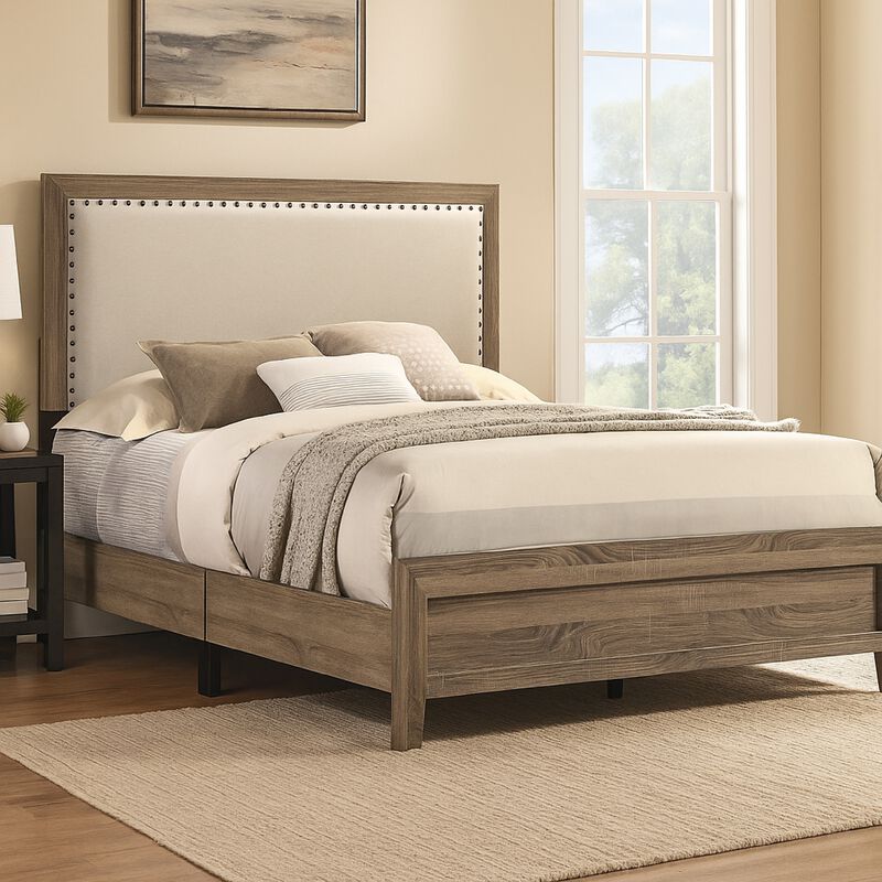 Shannon Queen Panel Bed with Nailhead Trim, Ivory Fabric, Gray Wood