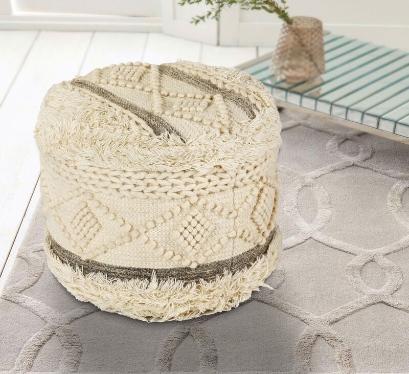 Hivvago 18 Inch Cream Wool Cotton Blend Round Geometric Pouf Ottoman