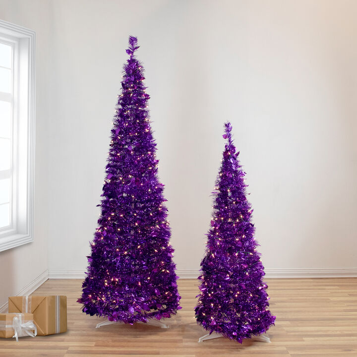 4' Pre-Lit Purple Tinsel Pop-Up Artificial Christmas Tree  Clear Lights