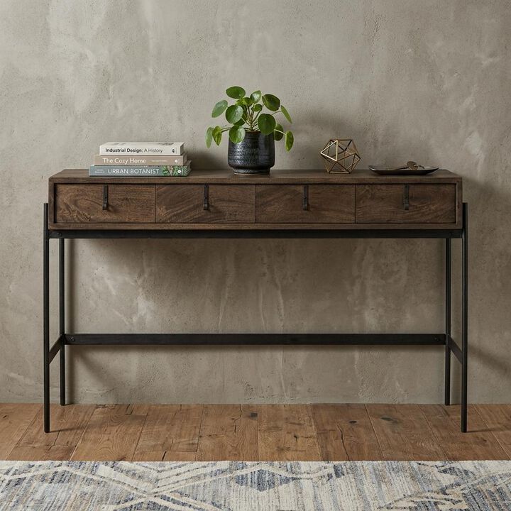 HomeRoots 56" Brown and Black Solid Wood and Metal Distressed Console Table With Four Drawers