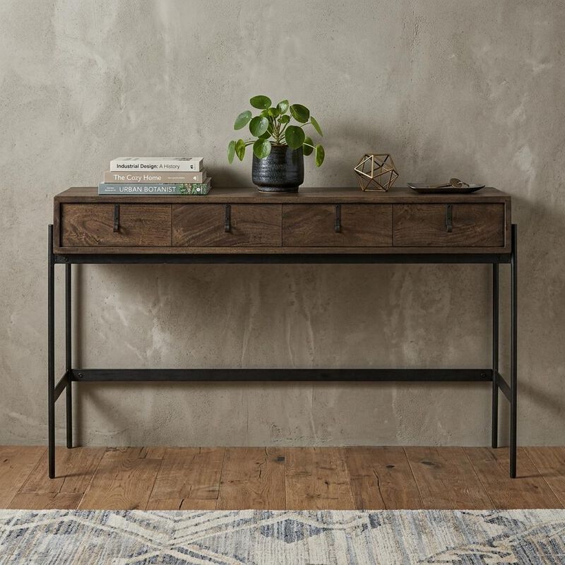 HomeRoots 56" Brown and Black Solid Wood and Metal Distressed Console Table With Four Drawers image number 1