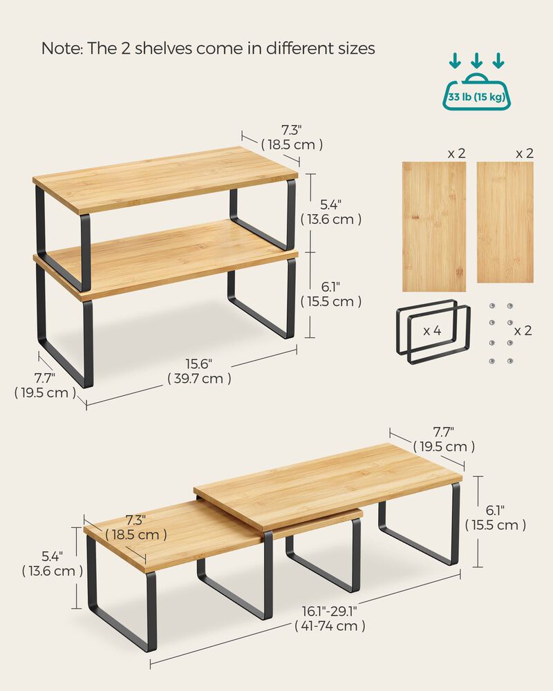 Set of 4 Stackable Cabinet Shelf Organizers - Metal and Particleboard Kitchen Counter Shelves, Expandable