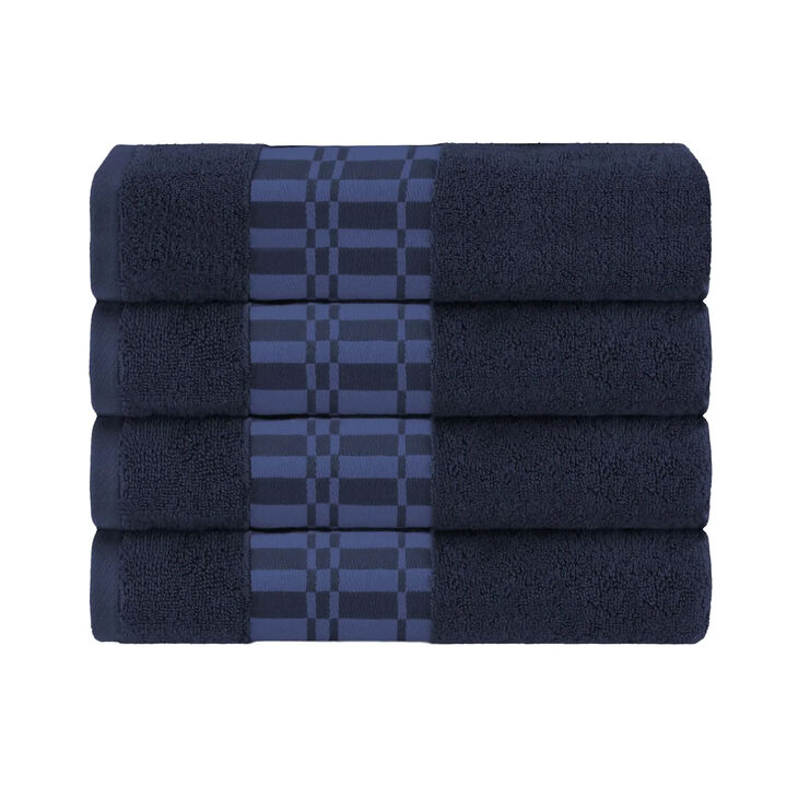 4-Piece Cotton Bath Towel Set with Geometric Border Design