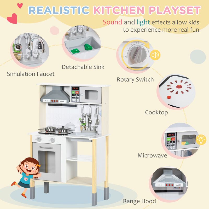 Wooden Play Kitchen with Realistic Lights and Sounds, Height-Adjustable Kids Kitchen Playset with Microwave, Range Hood, Cooking Accessories, Gift for Ages 3-6, White