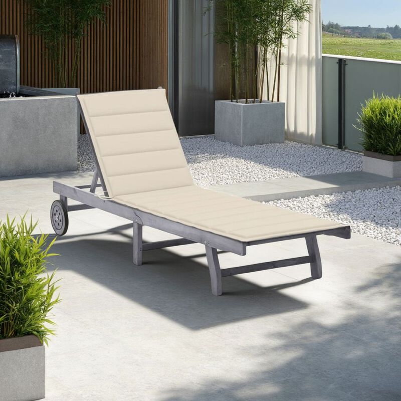 Outdoor Sun Lounger, Gray Acacia Wood, Ivory Fabric Cushion, 78 Inch - Benzara