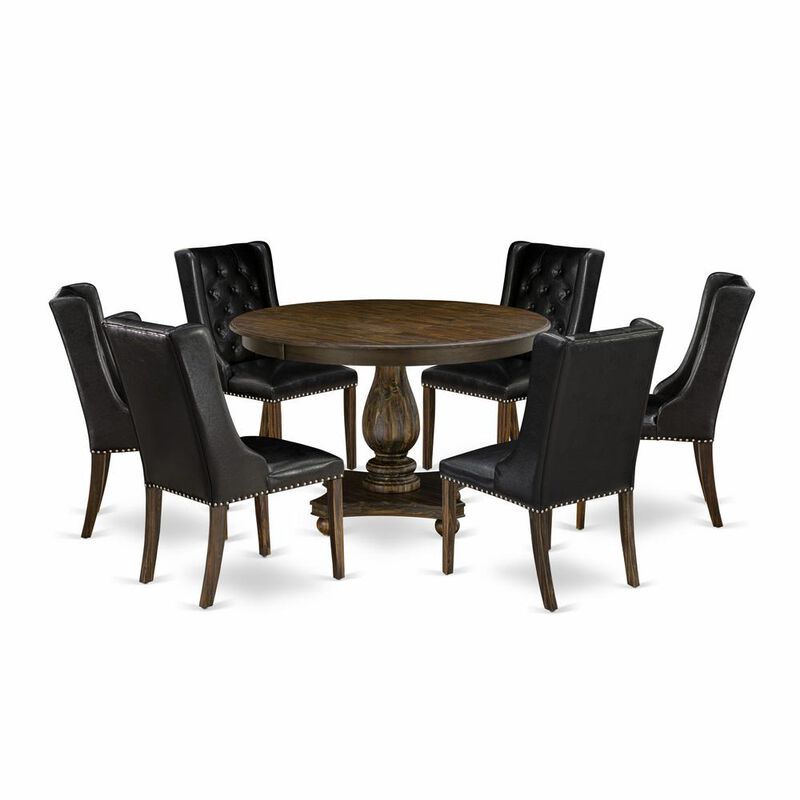 East West Furniture 7 Piece Kitchen Table Set Consists of a Modern Kitchen Table and 6 Black PU Leather Mid Century Chairs with Button Tufted Back - Distressed Jacobean Finish