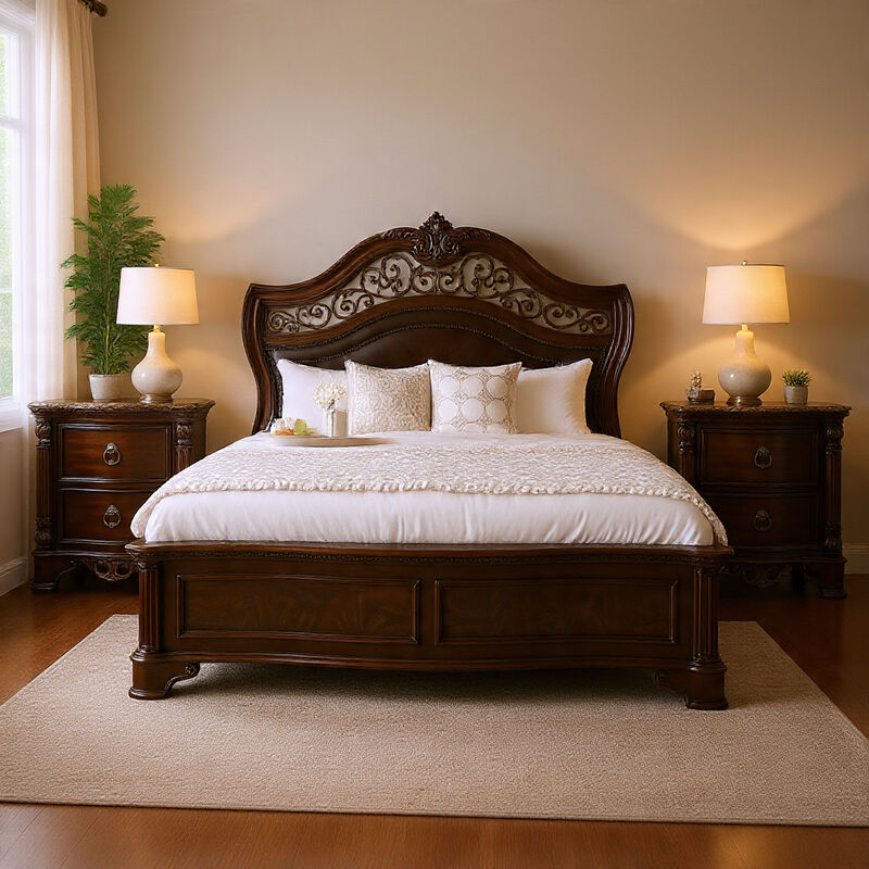 Queen Bedroom Set in Brown Cherry & Gold Wood &ndash; 3 Piece Set with 2 Nightstands image number 8