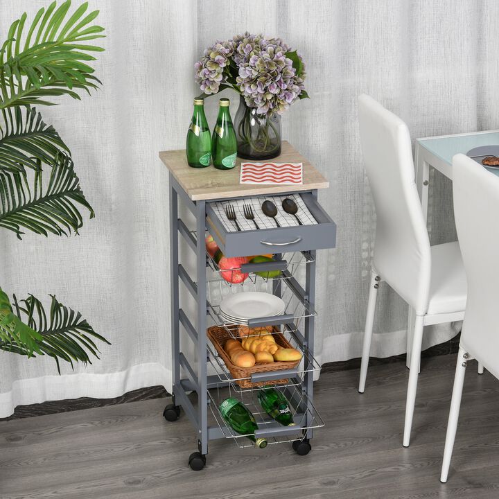 Compact Kitchen Cart, Rolling Kitchen Island with Storage, Solid Wood Frame Utility Cart with 4 Wire Fruit Baskets and Drawer, Gray