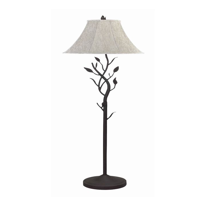 Metal Floor Lamp with Leaf Accent Body and Fabric Bell Shade,Black and Gray-Benzara